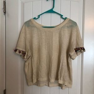 Anthropologie Crop with Pom Pom Sleeves